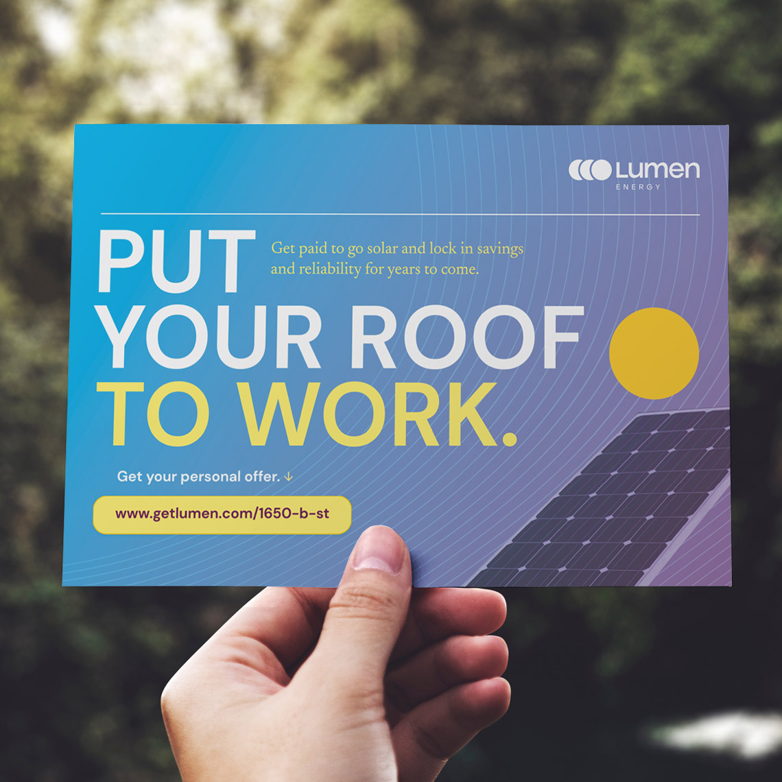 Sales postcard for Lumen Energy designed by Kilter
