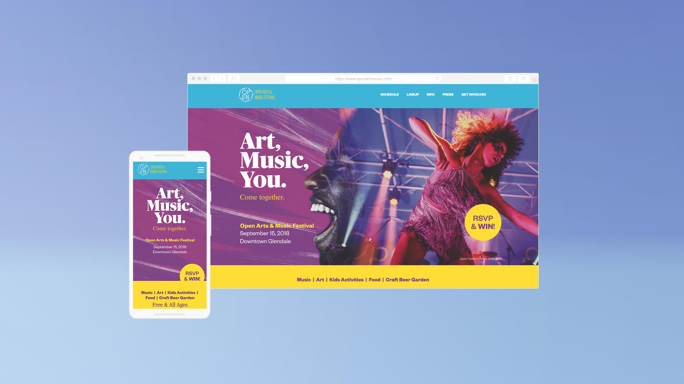 Open Arts & Music Festival Phone and Desktop Mockups of Website designed by Kilter
