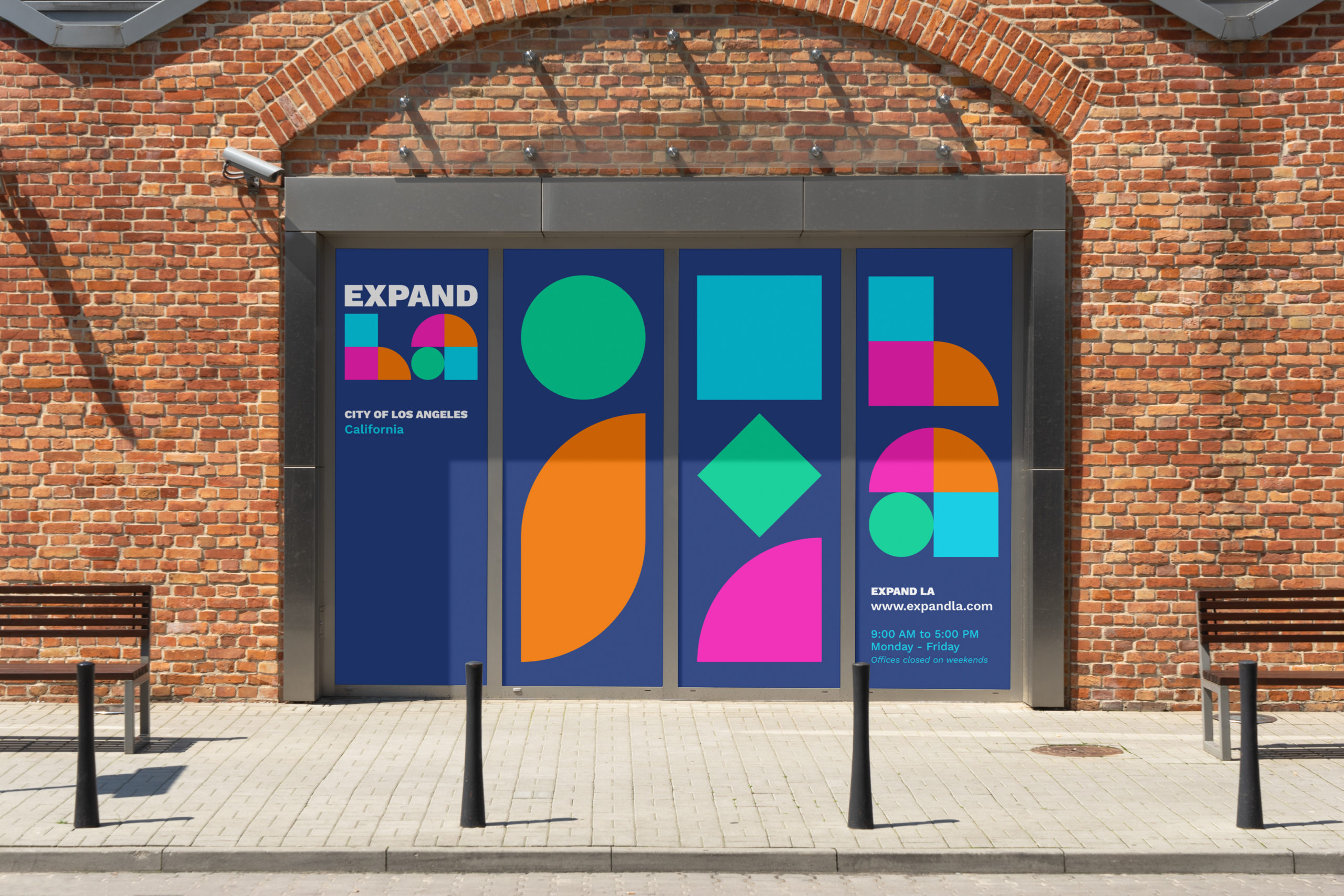 Window signage for ExpandLA brand designed by Kilter.