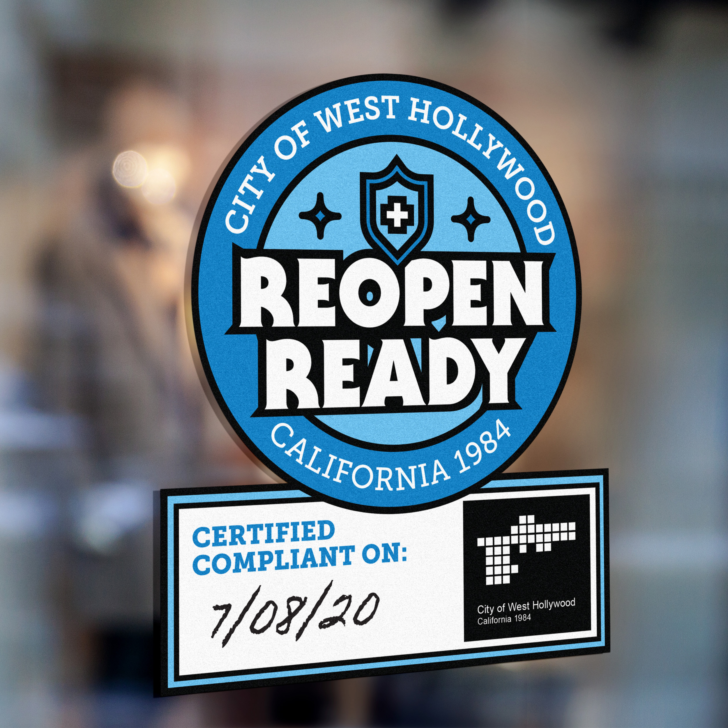 Reopen Ready window sticker. Part of the City of West Hollywood COVID-19 response campaign designed by Kilter.