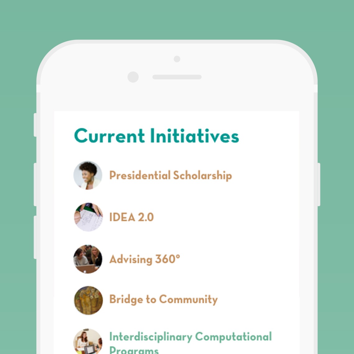 Scripps College Centennial Plan Current Initiatives Screen Mobile Mockup designed by Kilter
