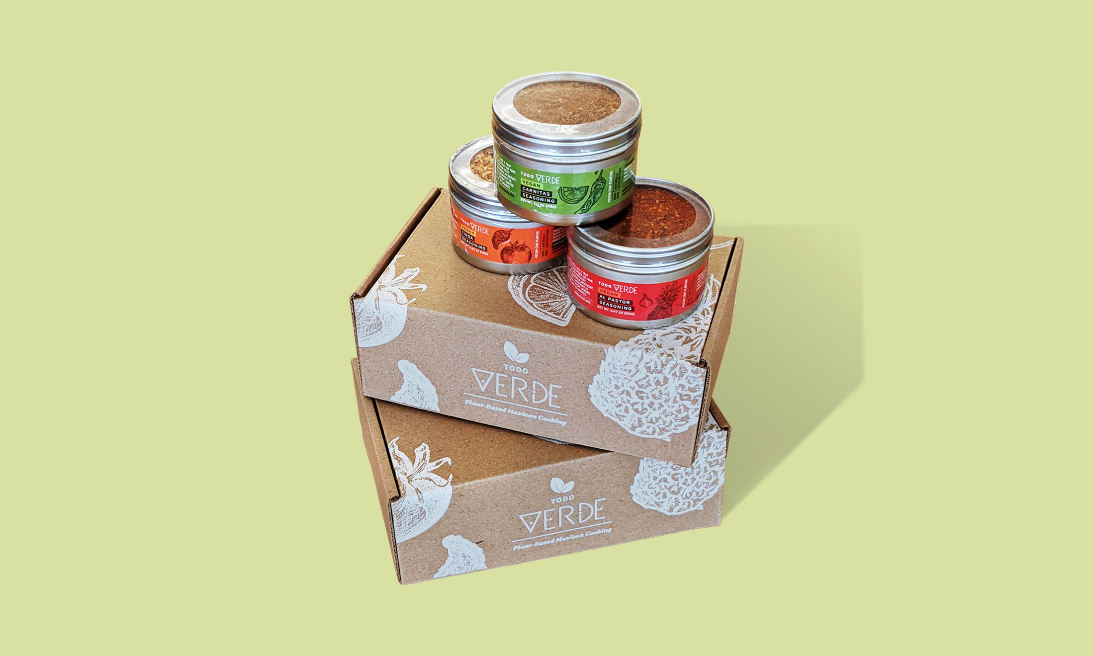 Todo Verde Box and Seasoning Tins stack, packaging designed by Kilter