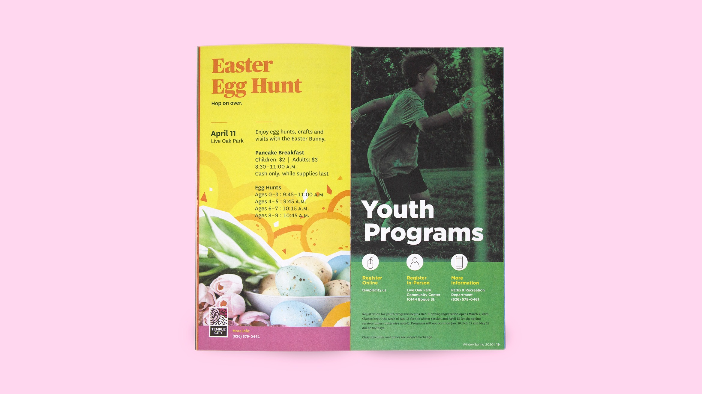 Temple City RecConnect Interior Spread with Easter Egg Hunt Ad, designed by Kilter