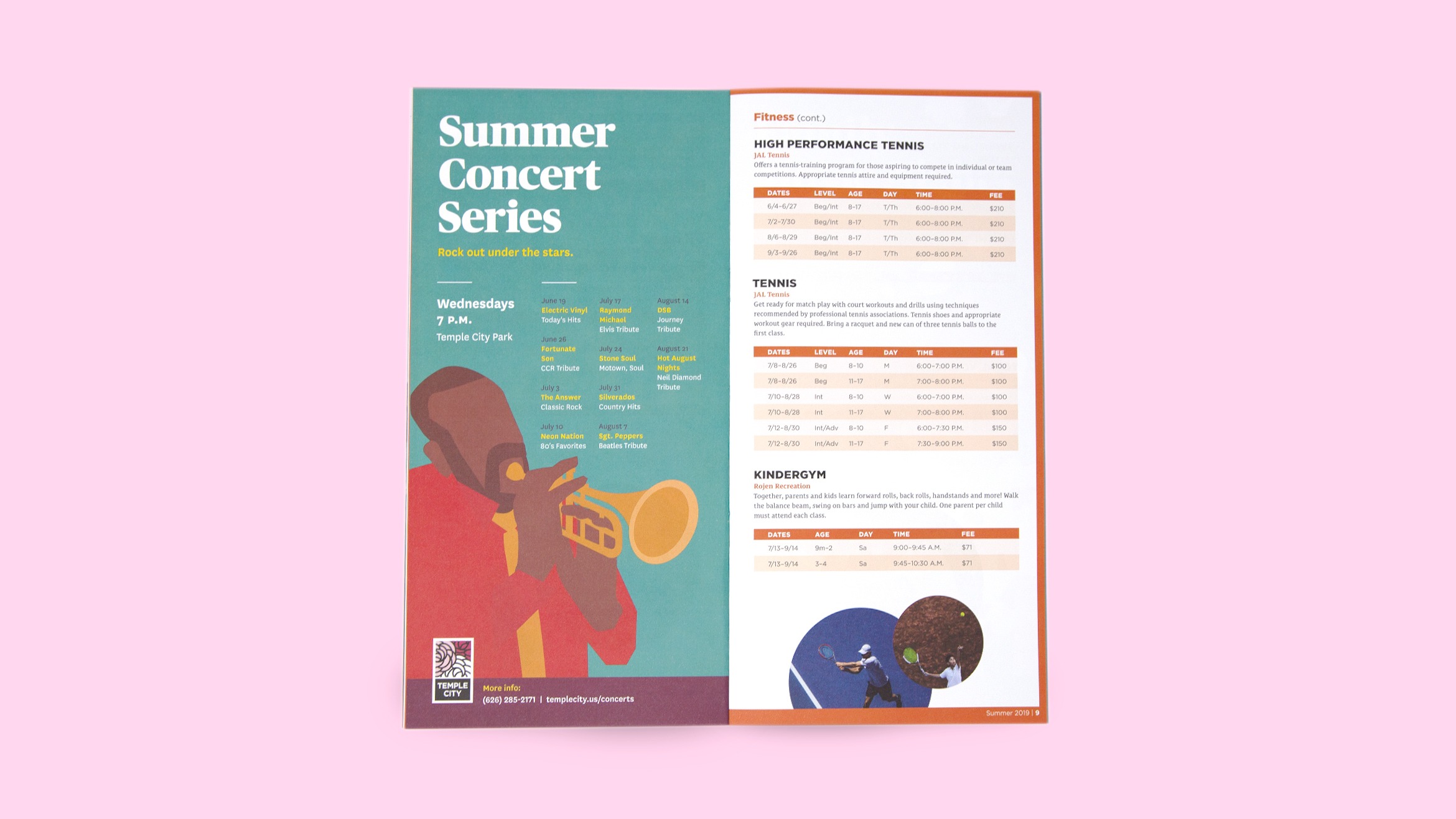 Temple City RecConnect Interior Spread with Summer Concert Series Ad, designed by Kilter