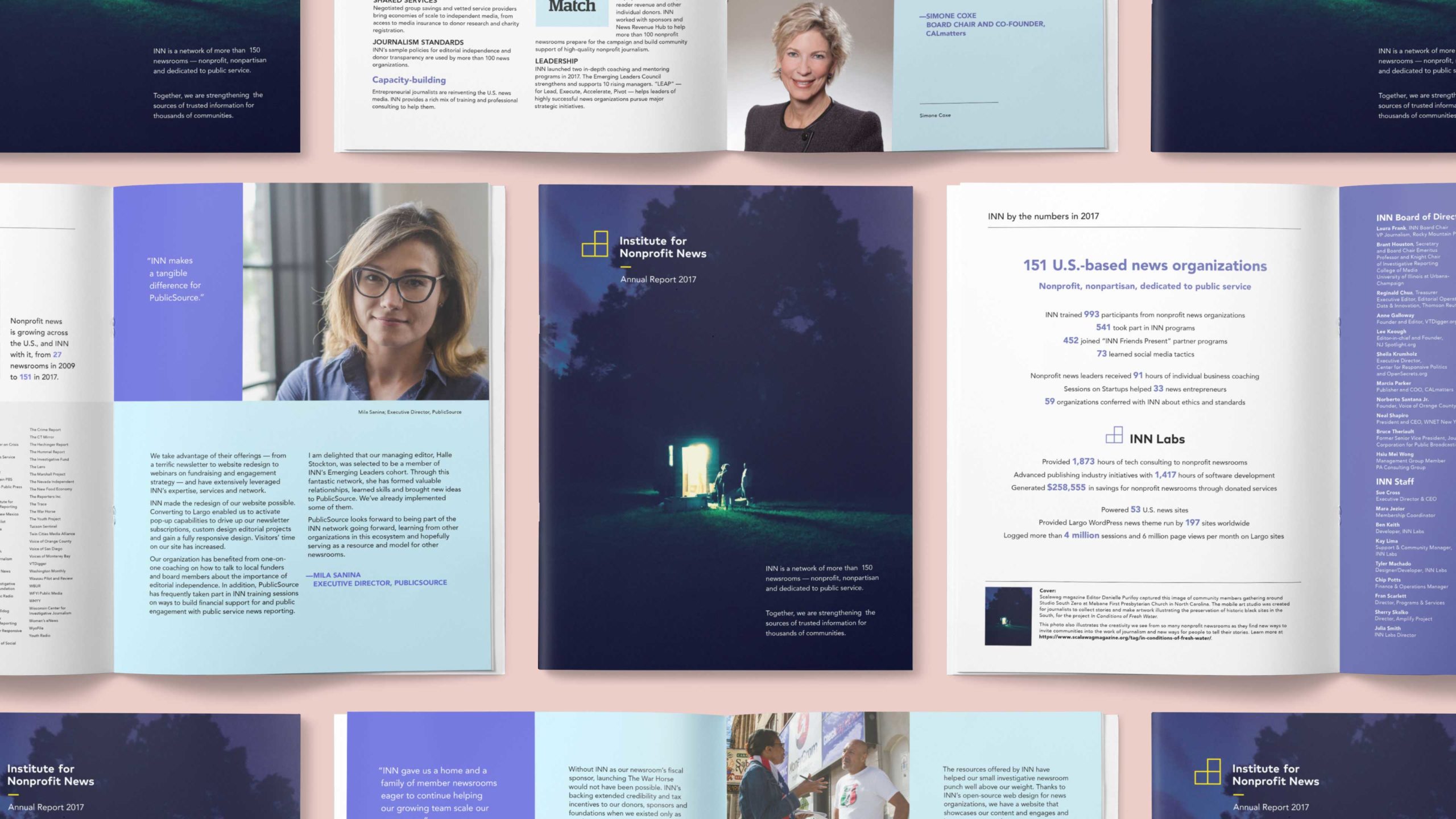 Institute for Nonprofit News annual report various spreads designed by Kilter