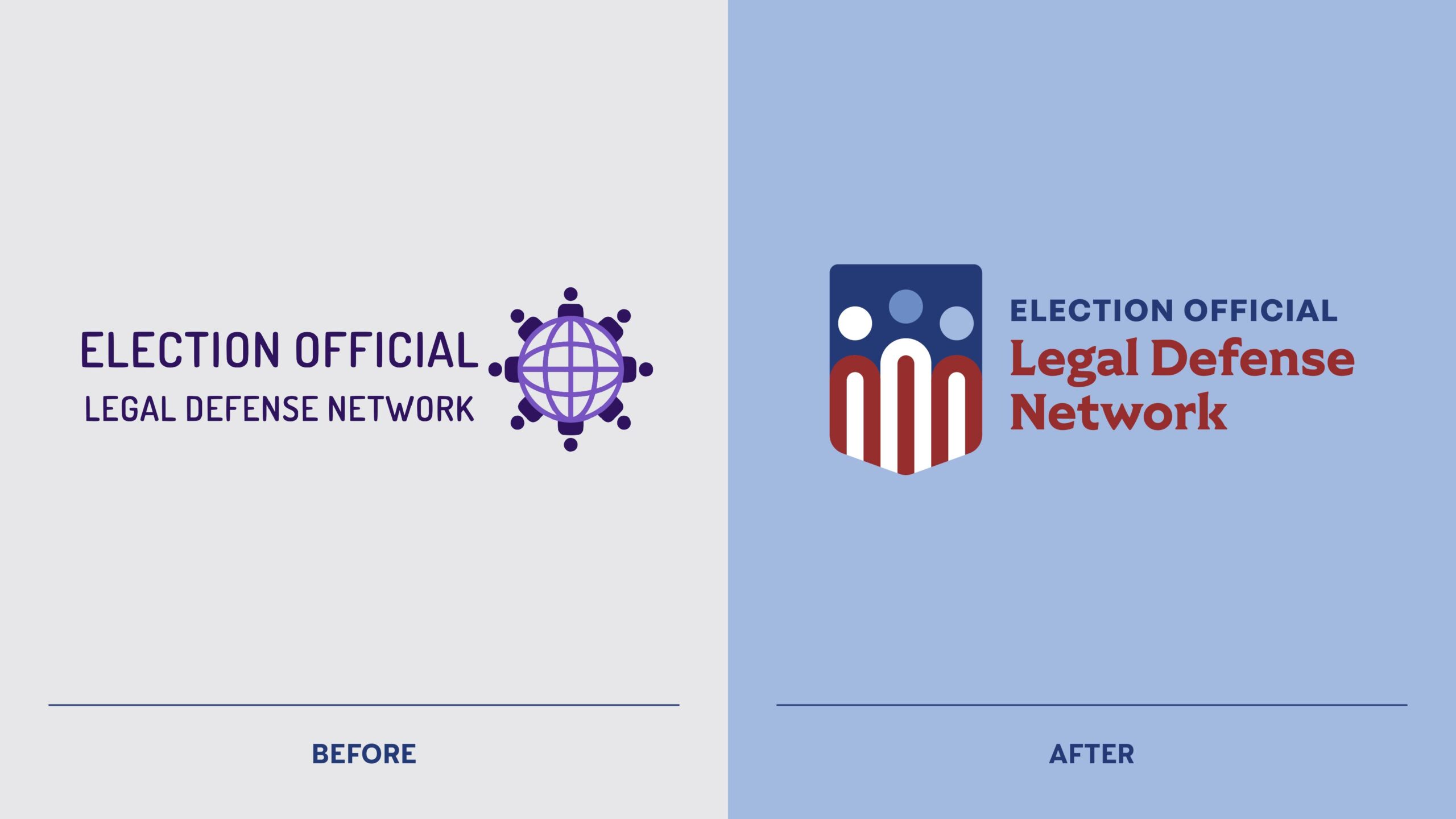 Election Official Legal Defense Network (EOLDN) logo before and after its redesign by Kilter