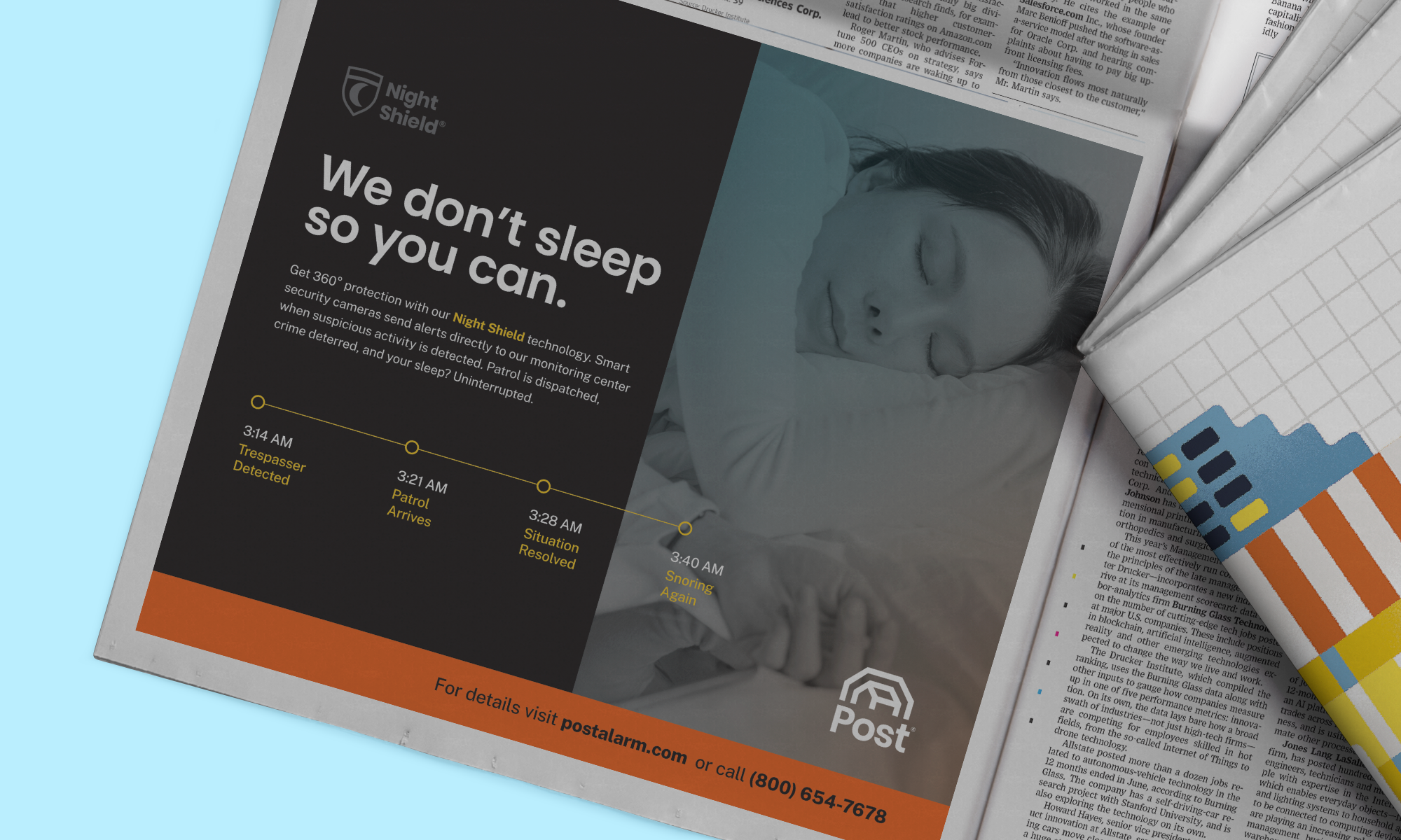 Post Alarm Night Shield Newspaper Ad designed by Kilter