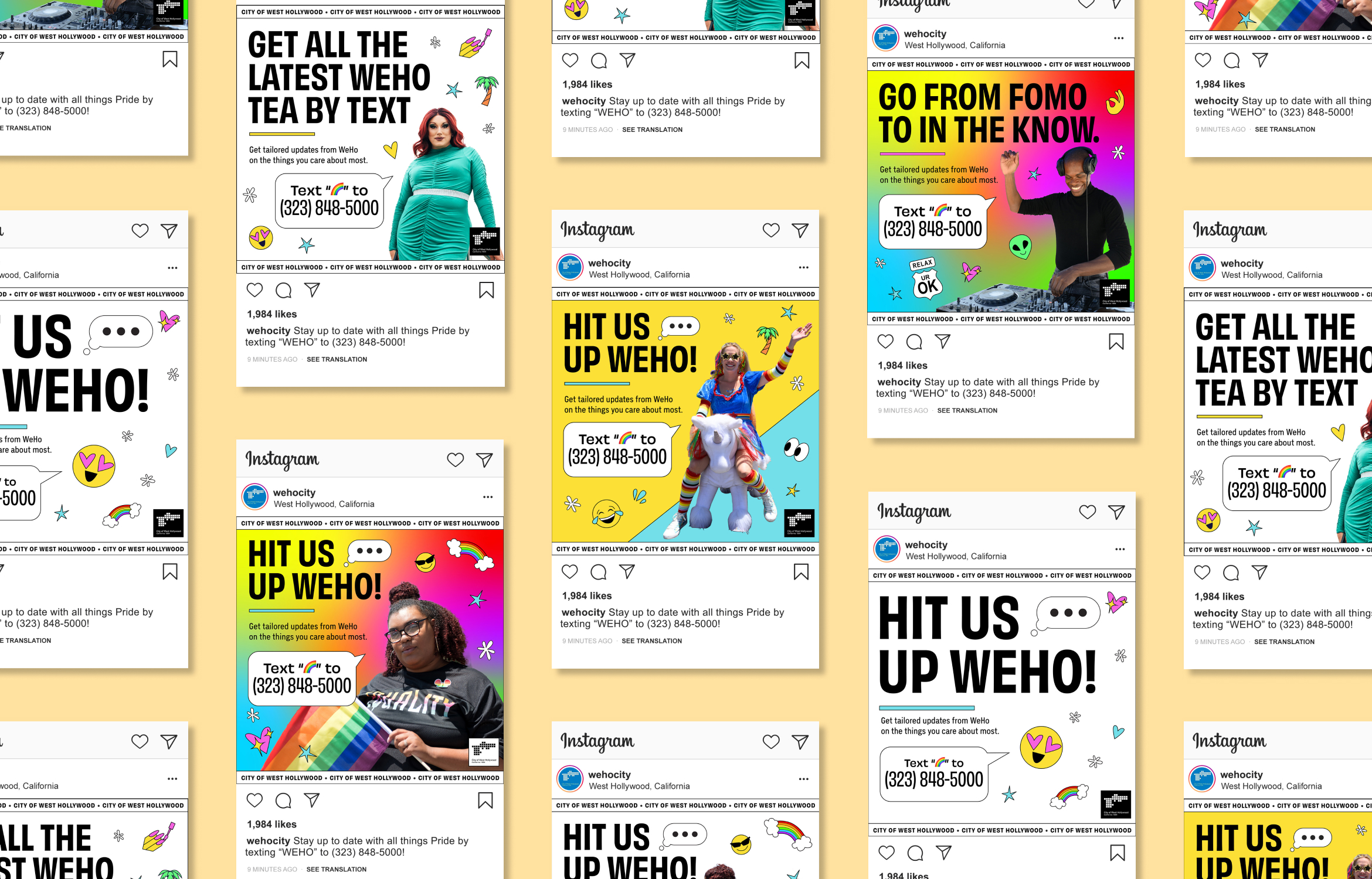 Various Instagram Posts from Text WeHo campaign for the City of West Hollywood, designed by Kilter.