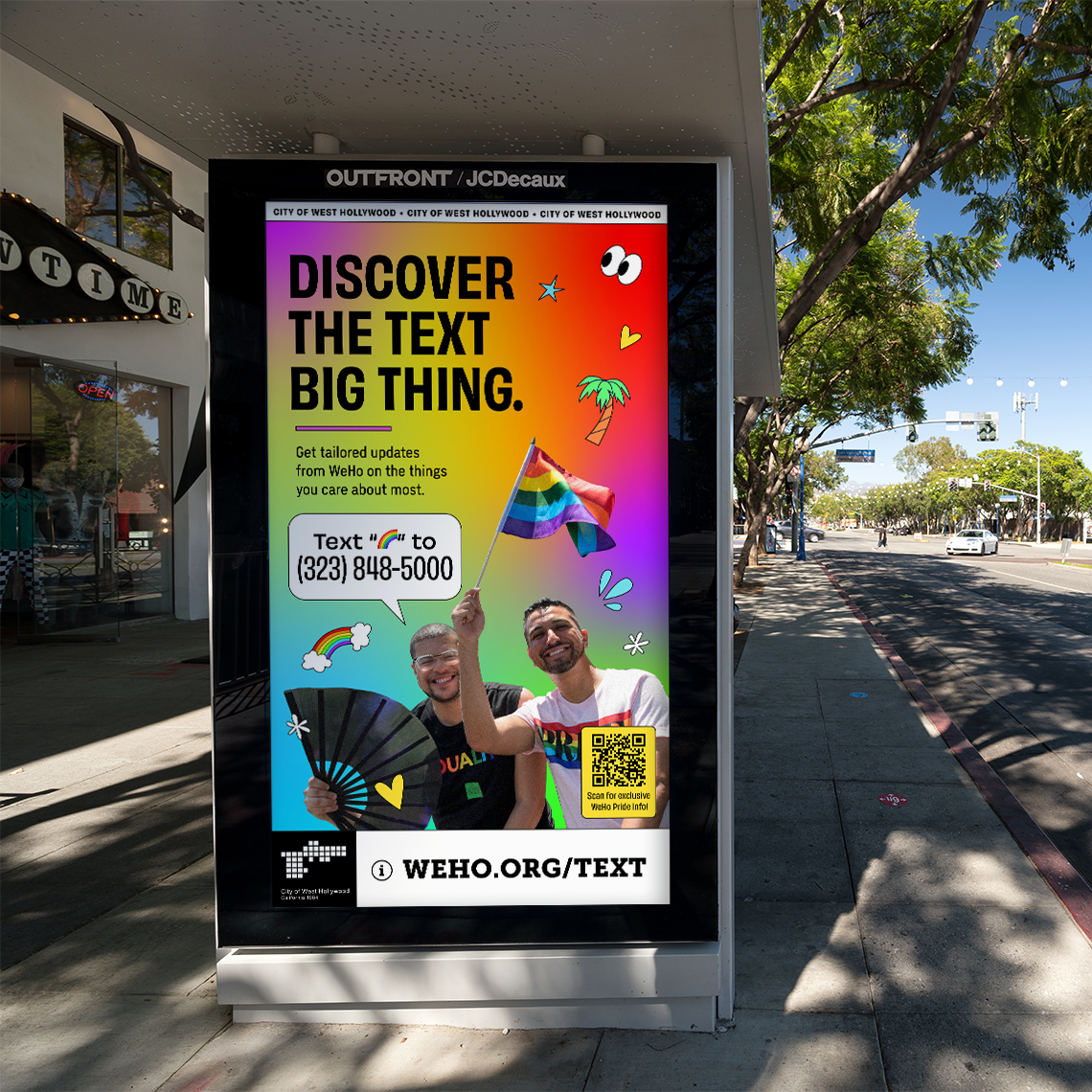 Digital Bus Shelter Ad from Text WeHo campaign for the City of West Hollywood, designed by Kilter.