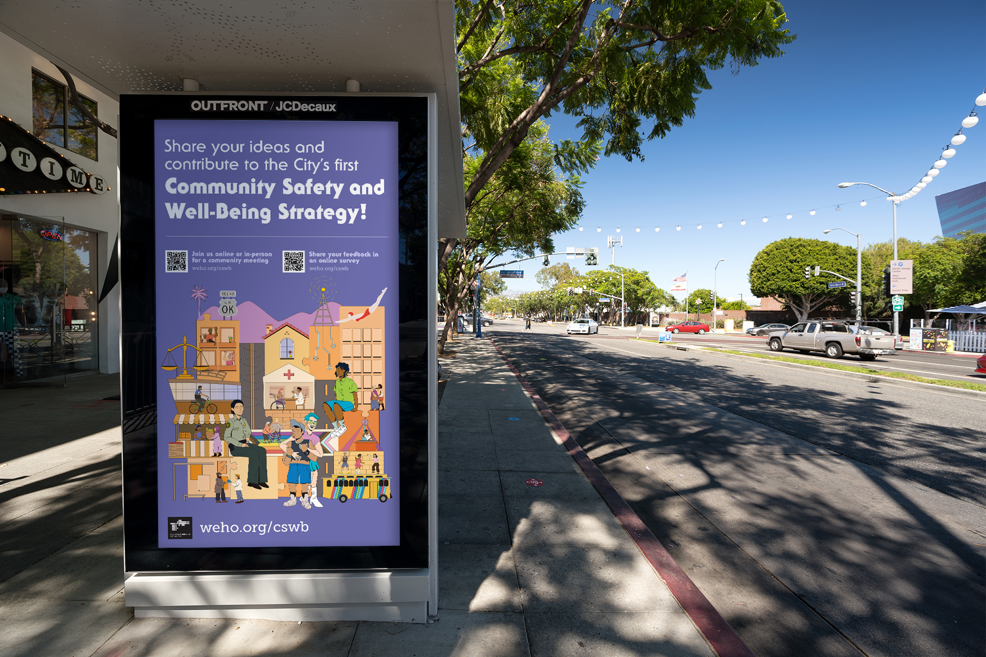 Digital Transit Ad from City of West Hollywood (WeHo) Community Safety & Well Being campaign designed by Kilter.