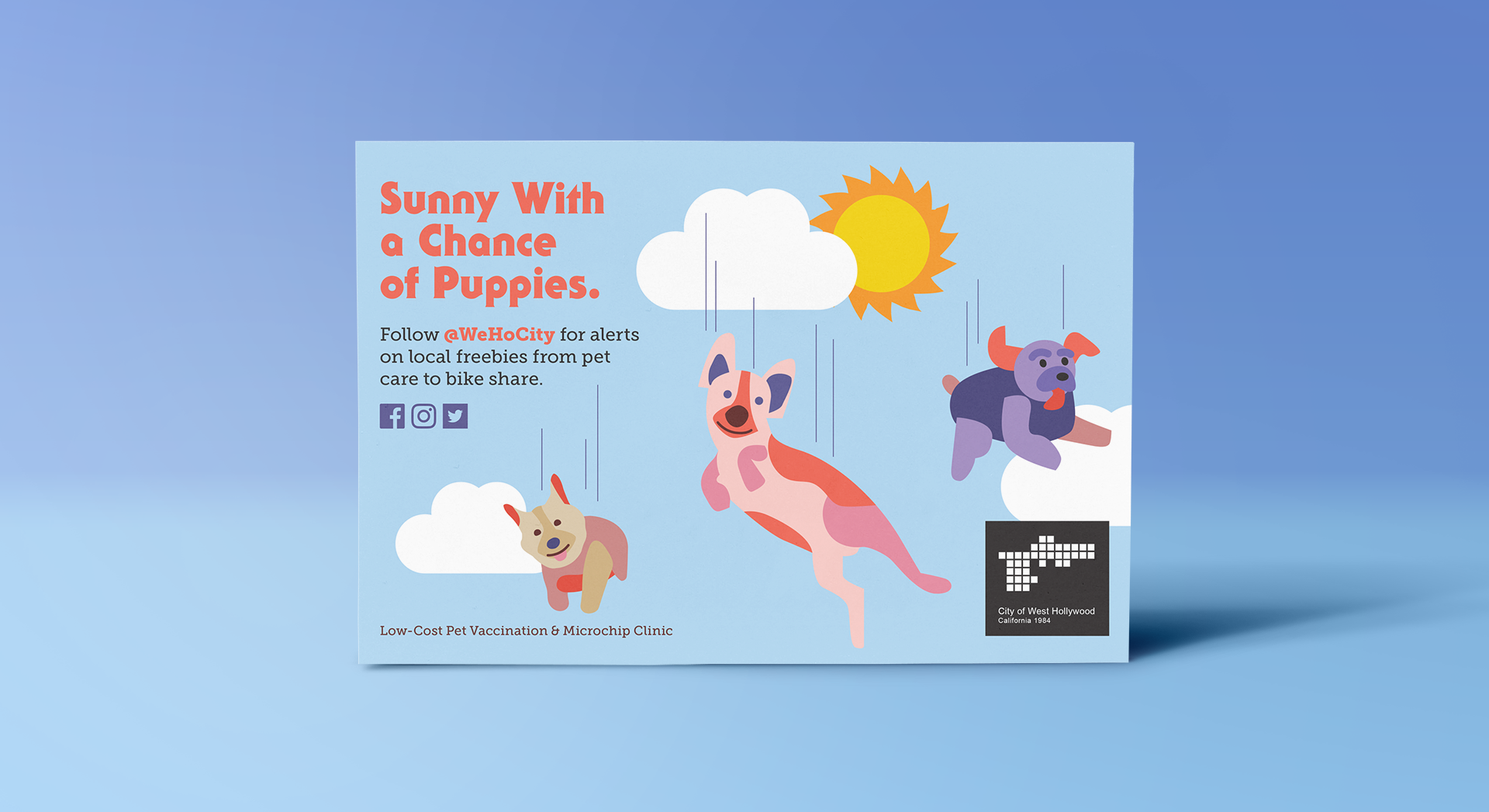 WeHo Connect Campaign Puppies Postcard designed by Kilter.