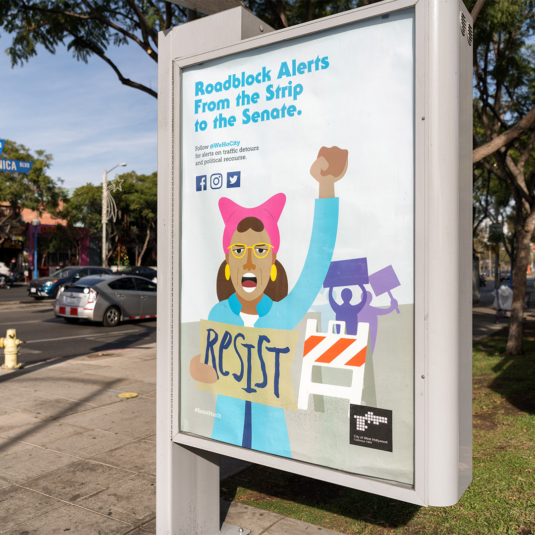 WeHo Connect Campaign Roadblock Alerts Bus Shelter Ad designed by Kilter.