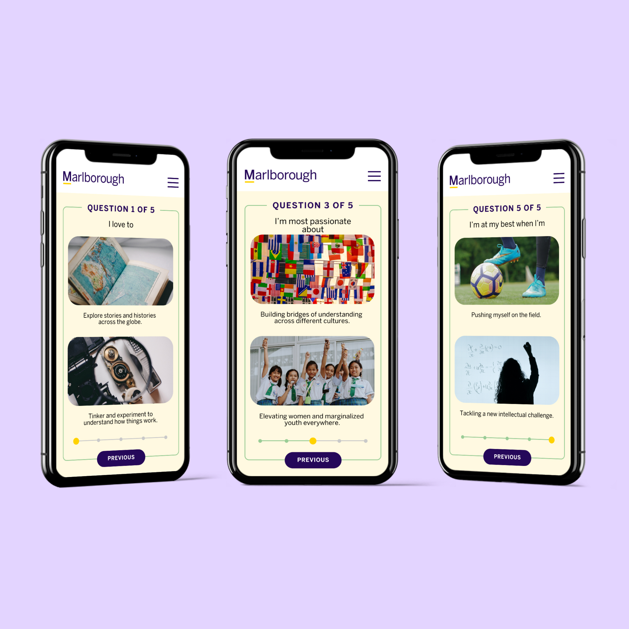 Marlborough Admissions Microsite Quiz Mobile Mockups designed by Kilter.