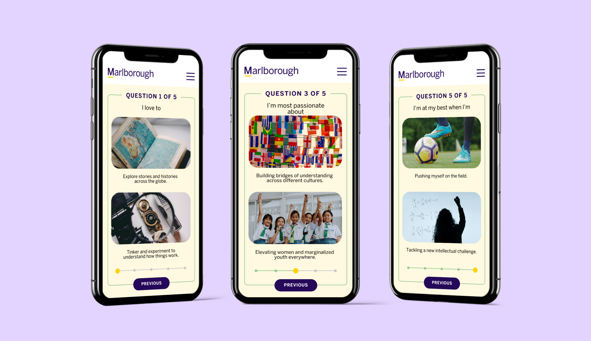 Marlborough Admissions Microsite Quiz Mobile Mockups designed by Kilter.