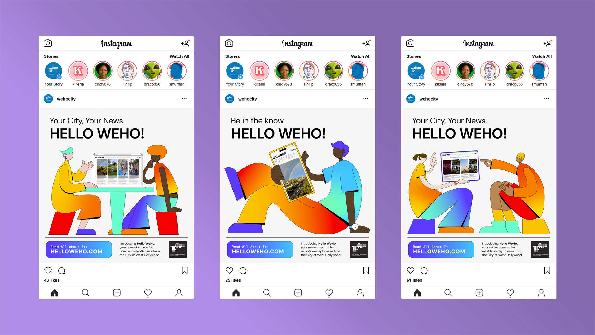 Instagram posts from the Hello WeHo launch campaign for the City of West Hollywood designed by Kilter.