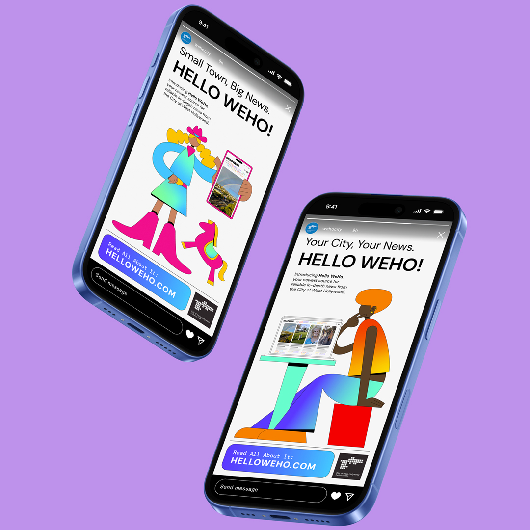 Instagram story ads from the Hello WeHo launch campaign for the City of West Hollywood designed by Kilter.