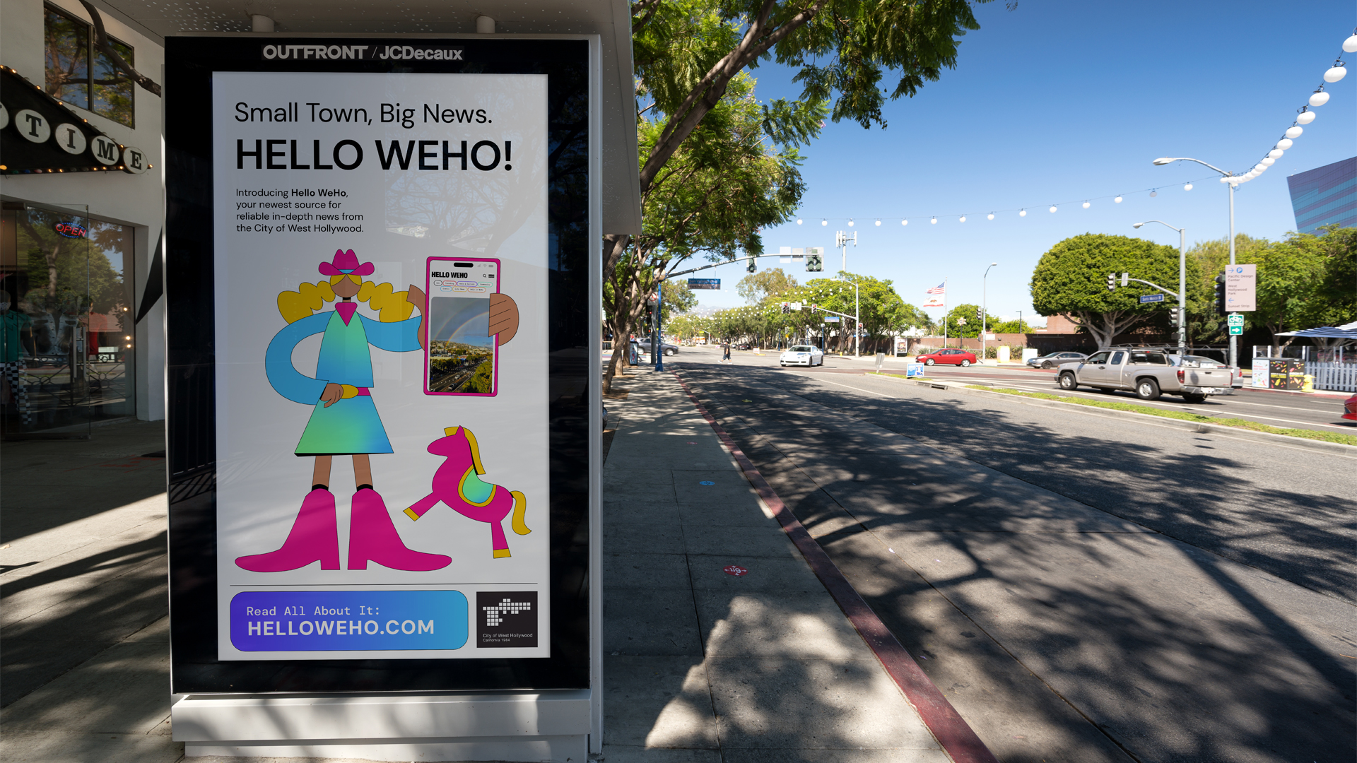 Bus shelter ad from the Hello WeHo launch campaign for the City of West Hollywood designed by Kilter.