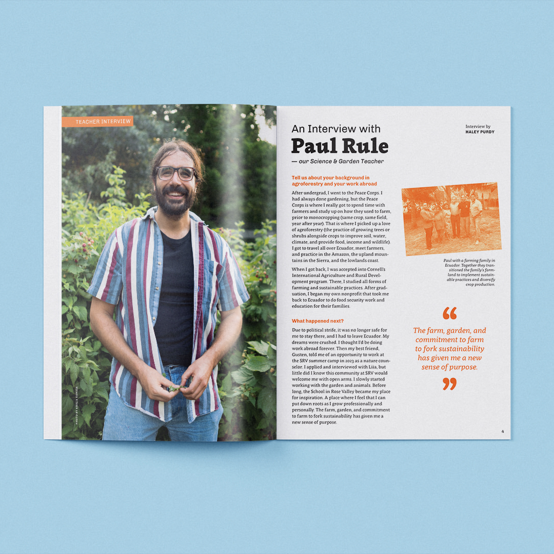 Spread from Issue #1 of Grace Notes, the School in Rose Valley's, alumni magazine, renamed by Kilter. 