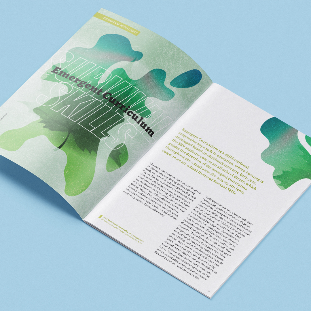 Spread from Issue #1 of Grace Notes, the School in Rose Valley's, alumni magazine, renamed by Kilter. 
