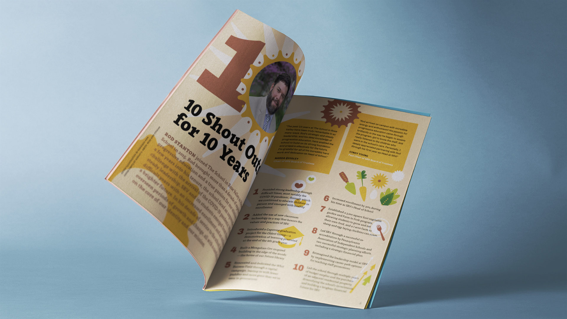 Spread from Issue #1 of Grace Notes, the School in Rose Valley's, alumni magazine, renamed by Kilter. 