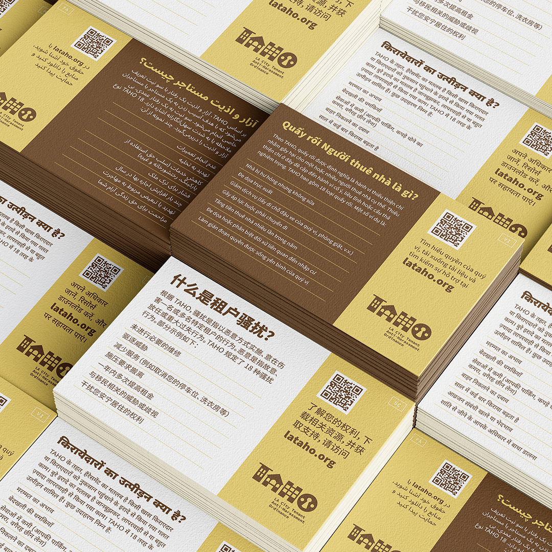 LA City Tenant Anti Harassment Ordinance (TAHO) canvassing postcards translated into multiple languages designed by Kilter